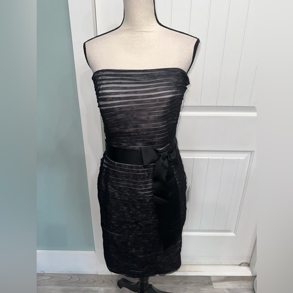 Tadashi Shoji Black/White Pleated Layered Mesh strapless tie waist dress size 8 - Picture 5 of 12